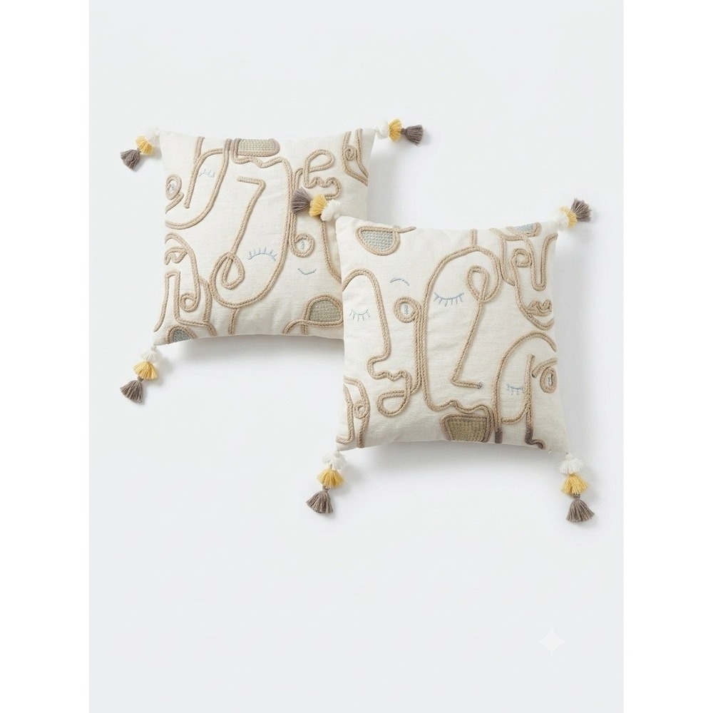 Bloomingville Set of 2 Abstract Face Line Art Pillow Covers Cotton Tassels 16x16
